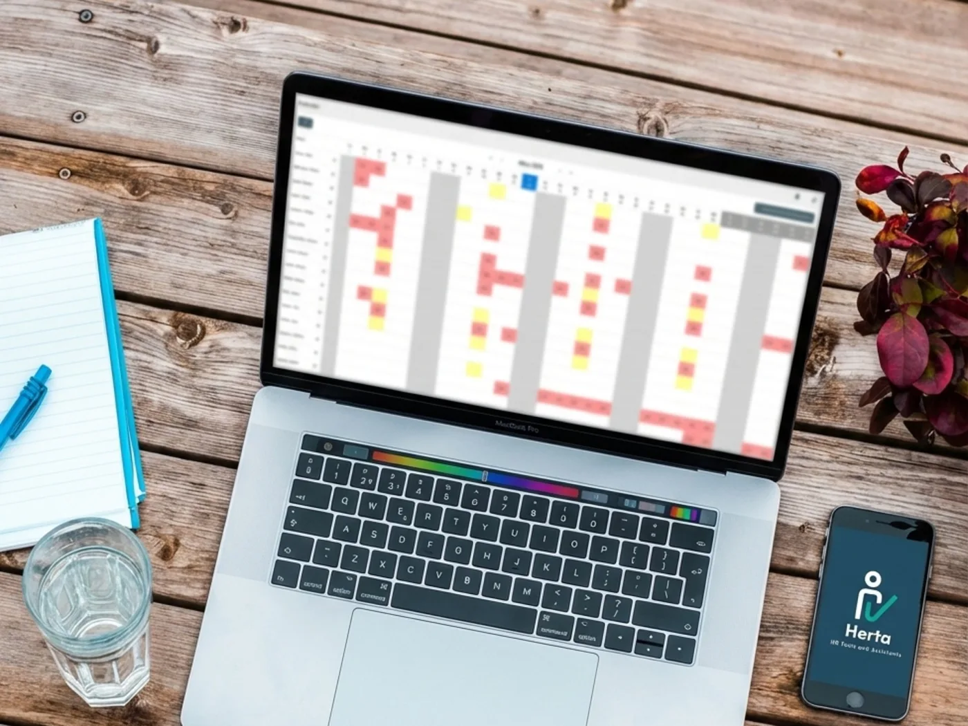 Herta auf Laptop und Smartphone: Dienstplan-Ansicht und mobile App mit Logo