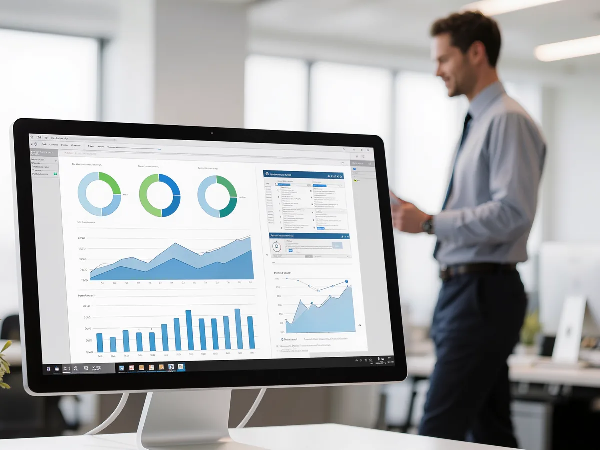 Website-Performance-Analyse mit Diagrammen auf einem Monitor in einem hellen Büro